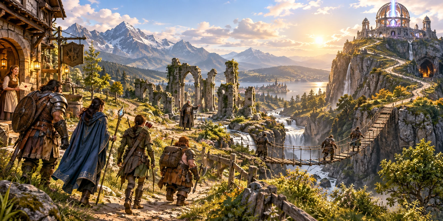 Fantasy adventure illustration of a party following a route from a village to a hilltop ruin