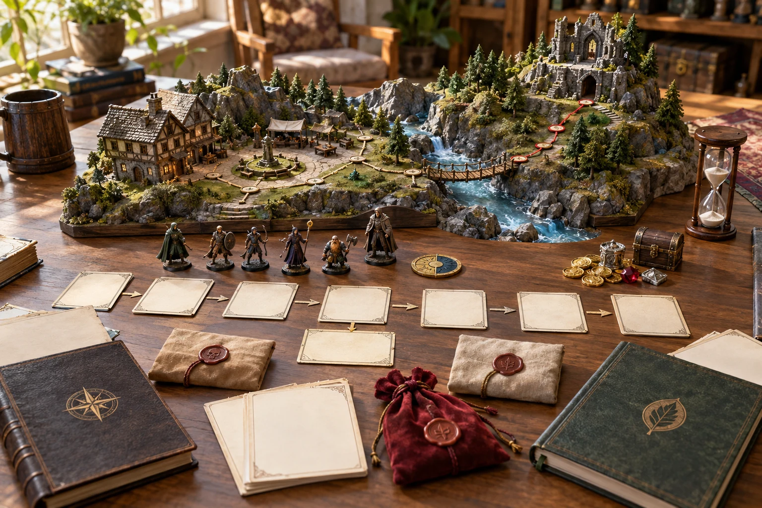 Illustration of connected adventure scenes, alternate paths, characters and rewards laid out for a session