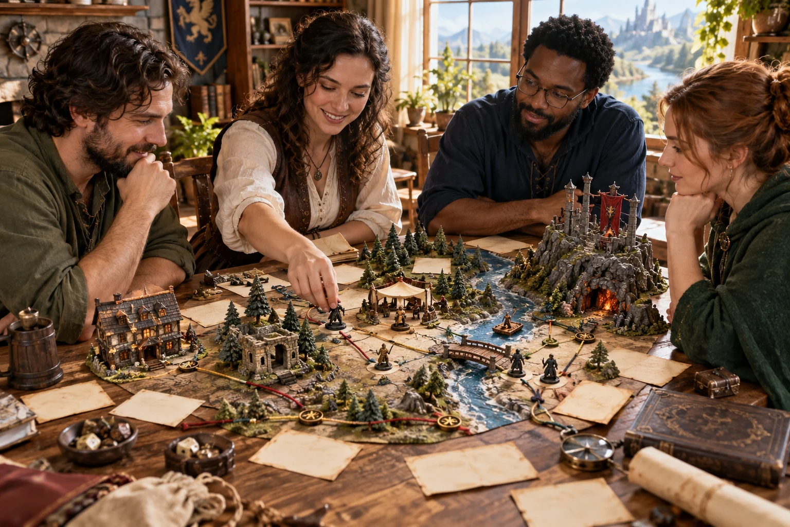 Illustration of a tabletop group exploring different approaches through a short adventure